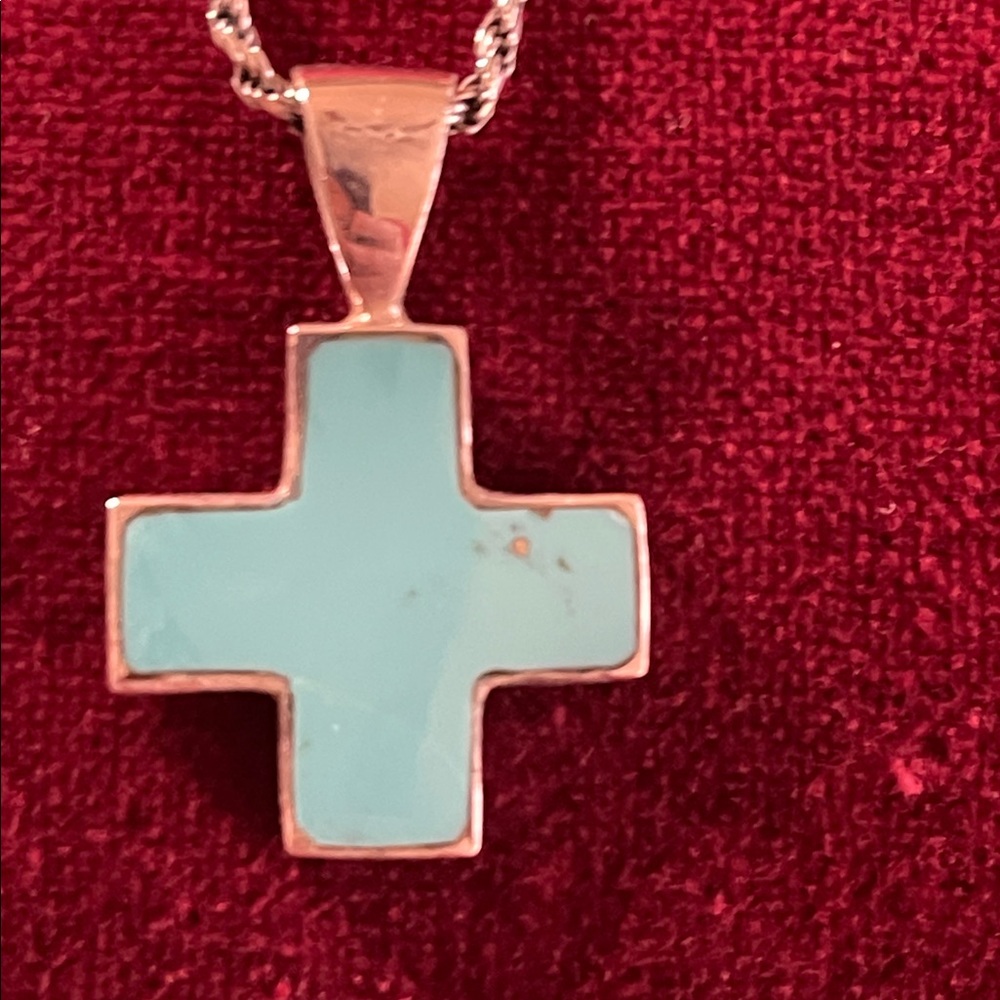 Sterling and Turquoise Cross Pendant Necklace - Picture 2 of 5